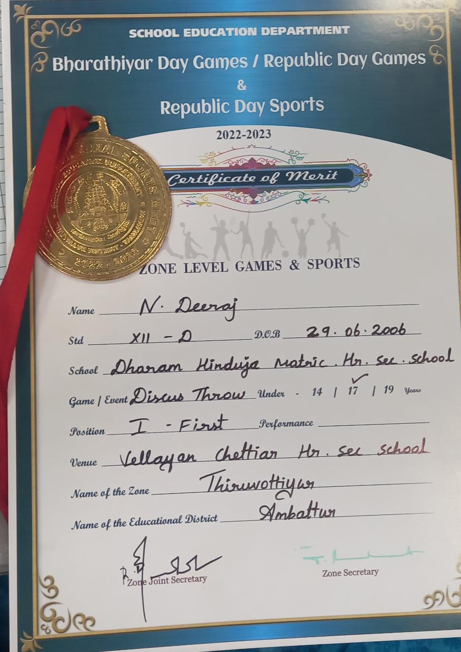 Deeraj N of XII D won the first prize in Discus throw in Zonal level  Games and Sports.